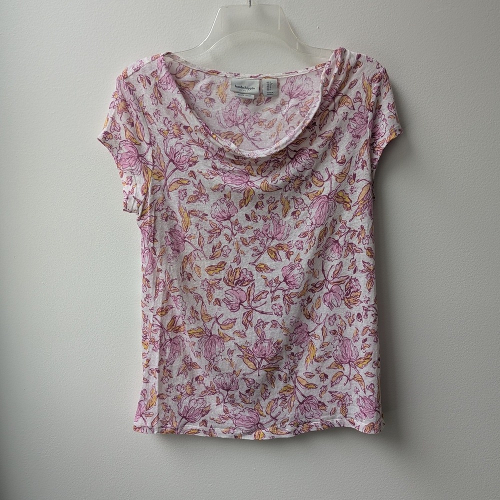 Haute Hippie Top Pink Floral Linen Cowl Neck Short Sleeve Sz S Pastel Feminine